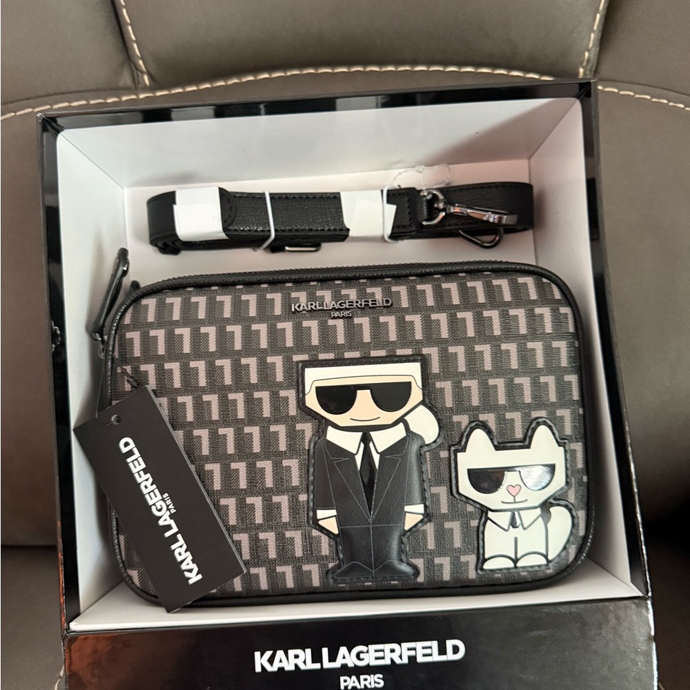 Karl Lagerfeld Men’s Black Patterned Crossbody Bag with Character Patch